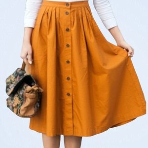 H&M Mustard Yellow/Burnt Orange Long Pleated Button Down Skirt